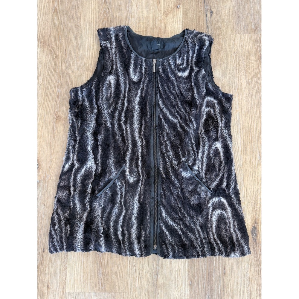 Style & Co Whimsygoth Faux Fur Vest Women Large Black Gray Swirl Zip Front